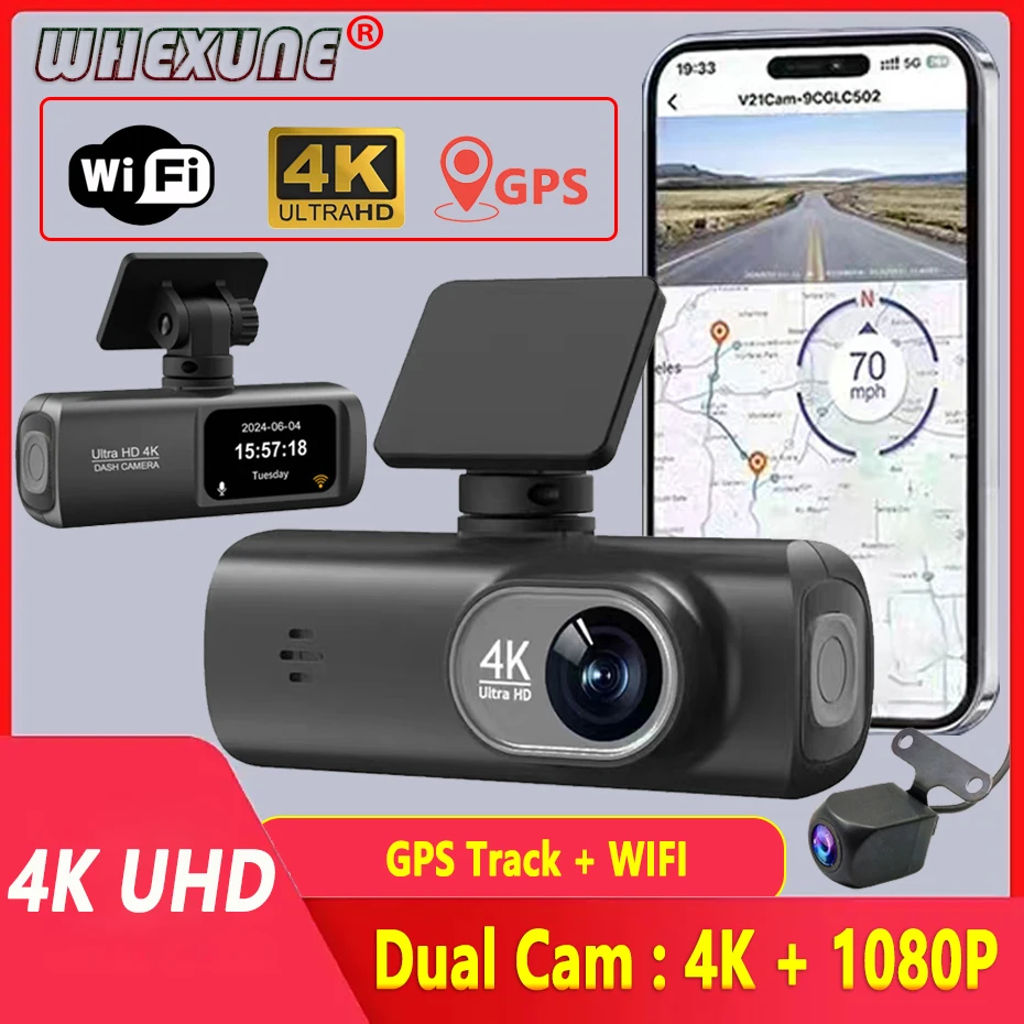 Dash Cam 4K predná a 1080p zadná kamera Wi -Fi GPS Tracker pre parkovací režim DVR pre DVR pre videoprijace nočné videnie pomocou aplikácie Control App