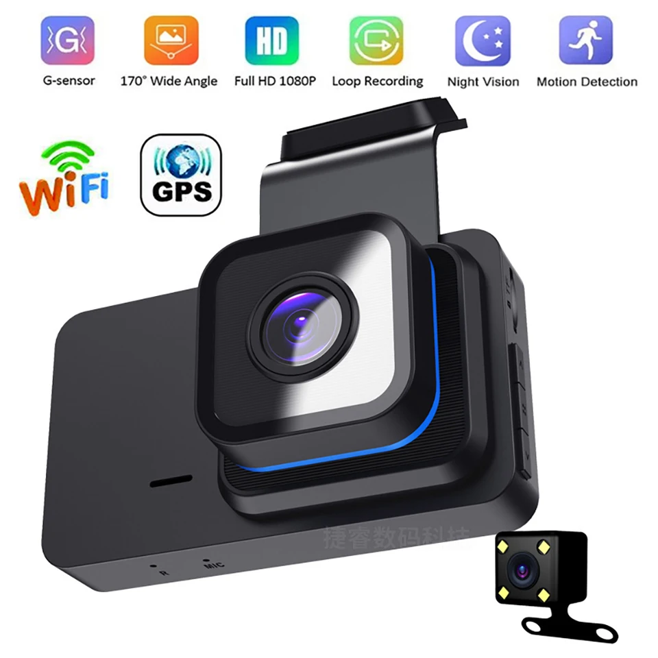 Dash Cam predný zadný pohľad kamera 1080p Full HD Drive Loop Video Recorder GPS WiFi Car DVR Parking Monitor Čierna skrinka Auto Dashcam