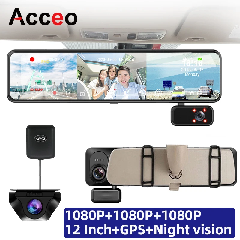 Dashcam 12 palcov 1080p Video rekordér GPS 3 fotoaparáty Objektív automobil DVR DVR zadný fotoaparát Dash Car Camera Night Vision Dash Camp