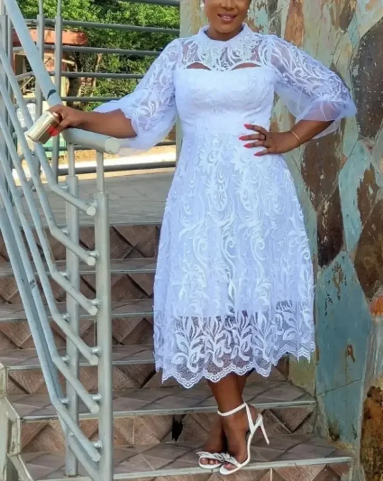 Dashiki Africa oblečenie Africké čipkové šaty pre ženy Puff Ruckve Ruby 2024 letná móda biele sexy duté šaty Afrika midi šaty