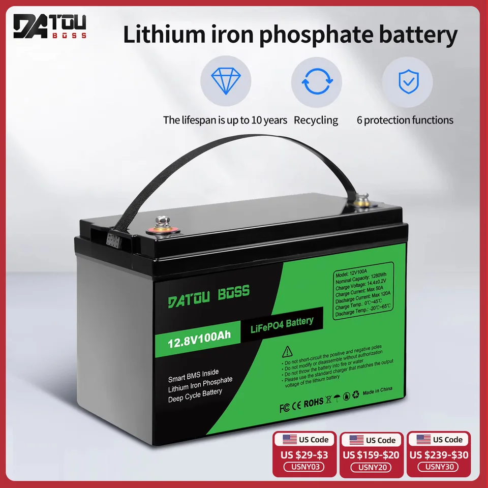 DATUBOSS 12V100AH ​​LIFEPO4 Nabíjateľné BMS 12V 100AH ​​pre slnečnú sústavu RV outdoor cestovanie domov US Warehouse