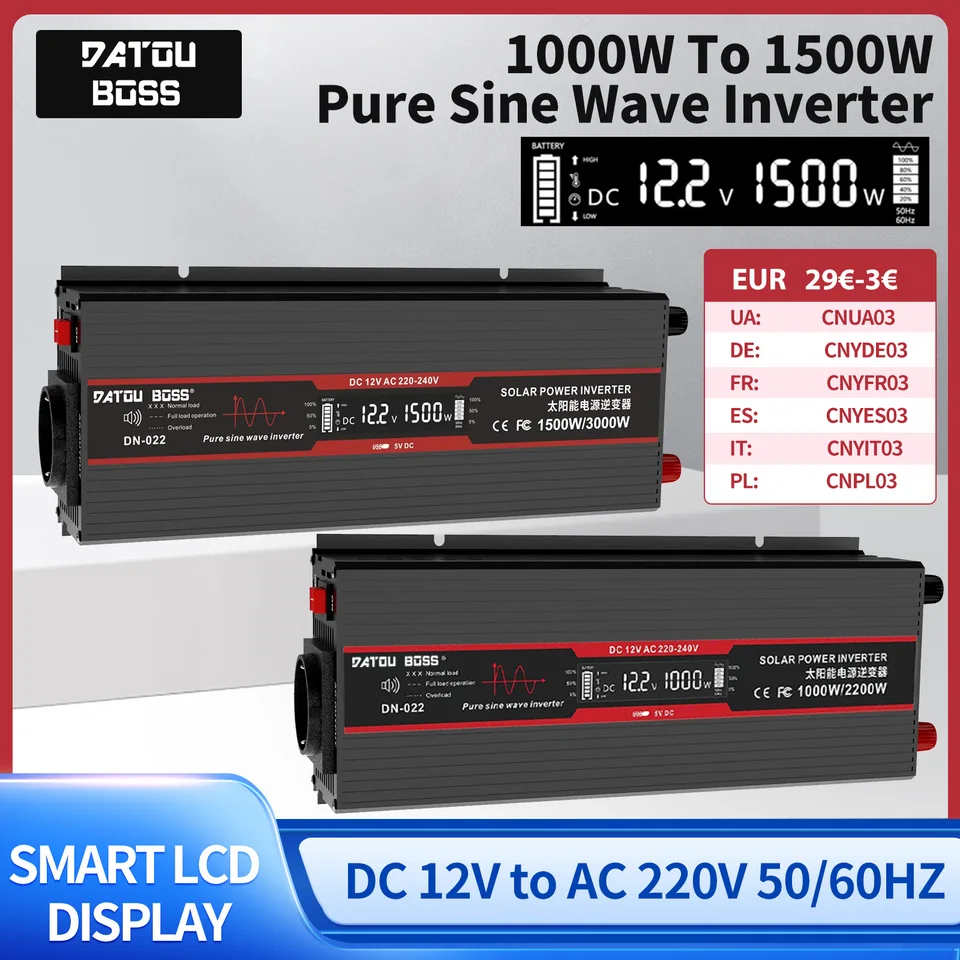 DATUBOSS DN-022 PURE SININ WAVE DC12V DC12V na AC220V Continuous Power 1500W Prenosný slnečný napätie meniča meniča prevodníka