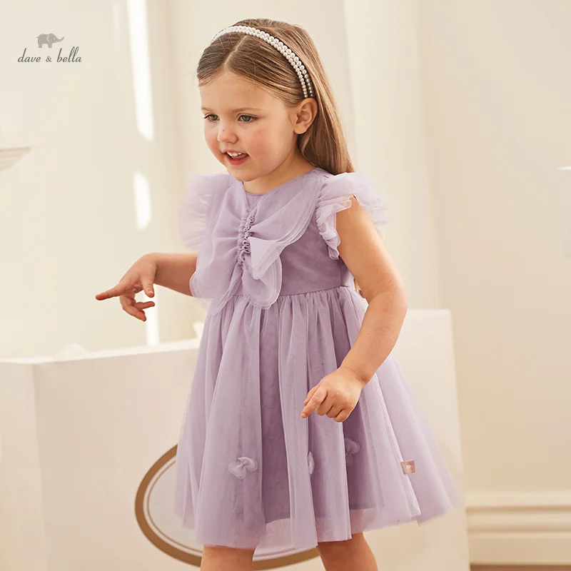 Dave Bella Girl's Princess Dress 2024 Nové letné detské detské rukávy Purpurová pletivo šľachetá roztomilé sladké kúzlo DB2240790