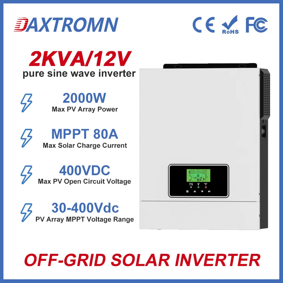 Daxtromn 1600W 2KVA Hybridný solárny invertor 1,6 kW 12V 220V Pure Sine Wave Inverter MPPT 80A Solar Controller Off-Grid Inverter