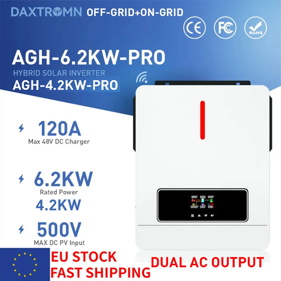 Daxtromn 6200W/4200W Hybridný slnečný invertor 6.2kW MPPT 120A 500VDC PV Vstup 220VAC 24VDC 48VDC 4,2KW 6.2KW Hybridný hybridný solárny inverzor