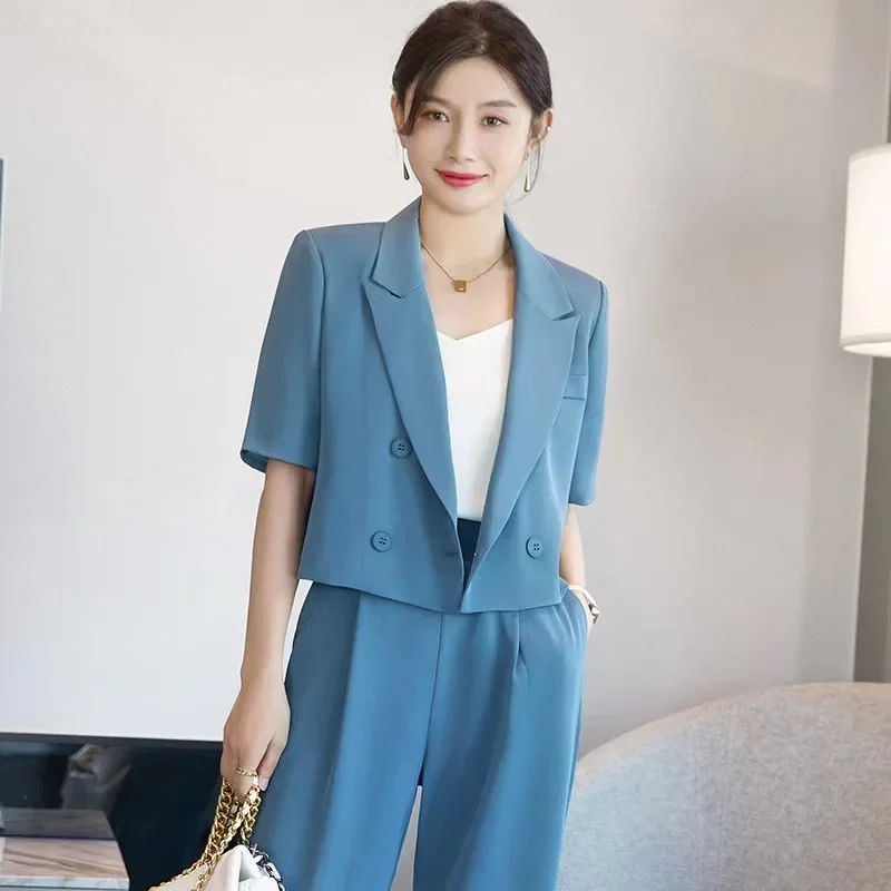 Dayifun Womens Solid Colors Sety klopa s krátkym rukávom Streetwear Streetwear Double Breasted Blazer a nohavice módne dámske obleky
