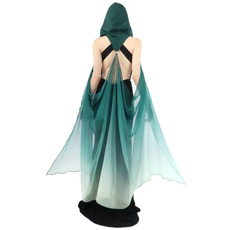 Dazcos Fantasy šifón Chian Cape s kapucňou Elegantná gotická elfová kapucňa Cape s reťazmi Tull z ramena plášť na Halloween