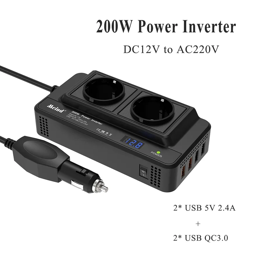 DC 12-AC 220V200W Inverter CAR 12V až 220V Power Inverter so 4 prístavmi USB nabíjačkou pre UK US AU EÚ Cars
