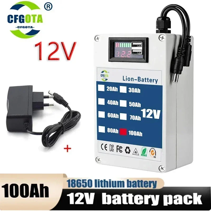 DC 12V 100AH ​​lítium -iónovej nabíjateľnej batérie, vysokokapacitnej nabíjačky striedavého prúdu so 4 druhmi rozvoja premávky +nabíjanie USB