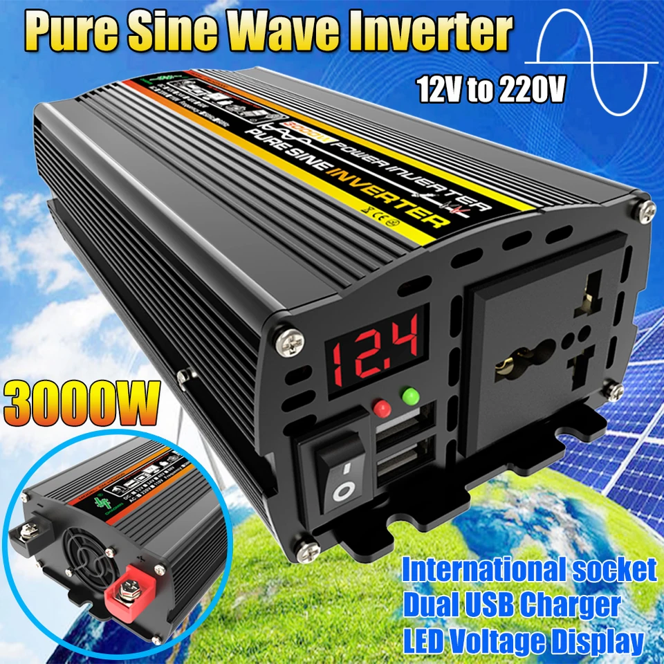 DC 24V až 220V Pure Sinine Wave Inverter, slnečný invertor 3000 W, soketový transformátor, výkonový prevodník, výkonový menič
