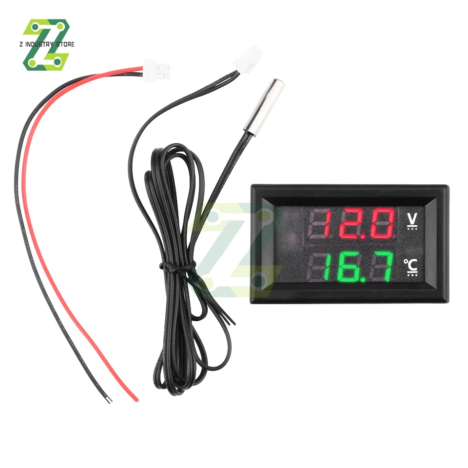DC 4-28V Digitálny voltmeter teplomer 0,56 palca tester na teplotu napätia teploty napätia pomocou kábla sondy NTC