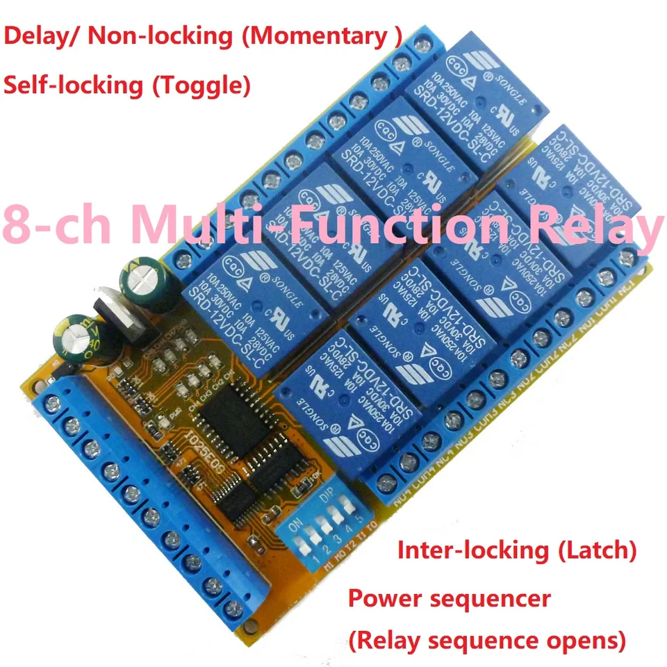DC 5V 12V 24V 8 kanálov Multifunkčný napájací kondicionér/sekvencerový prepínač Interplock Latch Self-Locking Musty Relay Modul