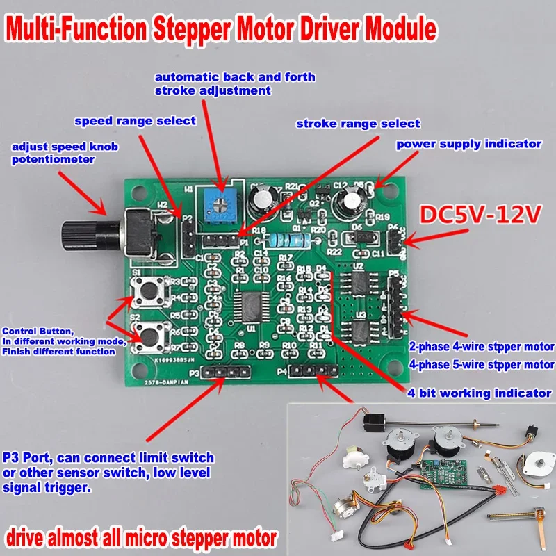 DC 5V 6V 12V Multifunkcia Mini krokový krokový ovládač Rýchlosť ovládača pre micro-fázové/4-fázové 5-vodičové krokové motoru