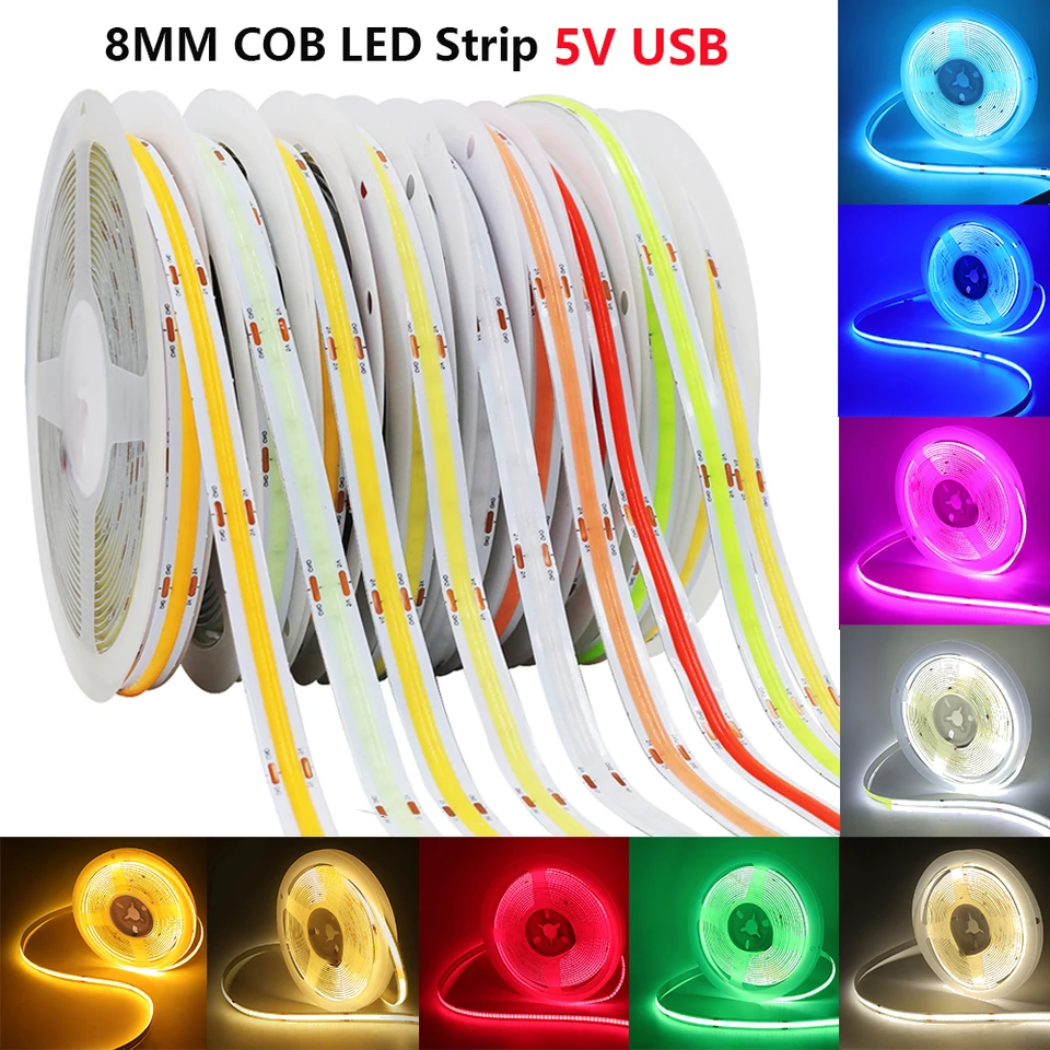 DC 5V USB COB LED Strip 320LEDS/M WHRATENÁ BIELÁ PRÍRODNÁ ČERVENÁ ČERVENÁ MOŽNÁ ZELENÁ FLEHA FLEHABLE RIBBLE DOMÁCNOSŤ TV TV 0,5 m 5 m