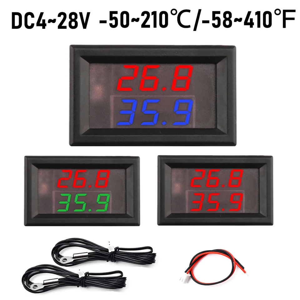 DC4-28V 5V 12V 24V LED DUAL DUAL DISPLOW OBMEDZENÝ SNODOR-REGUER -5 ~ 210 ℃/-58 ~ 410 ℉ Digitálny teplomer s 2 NTC sondou pre akvárium pre akvárium