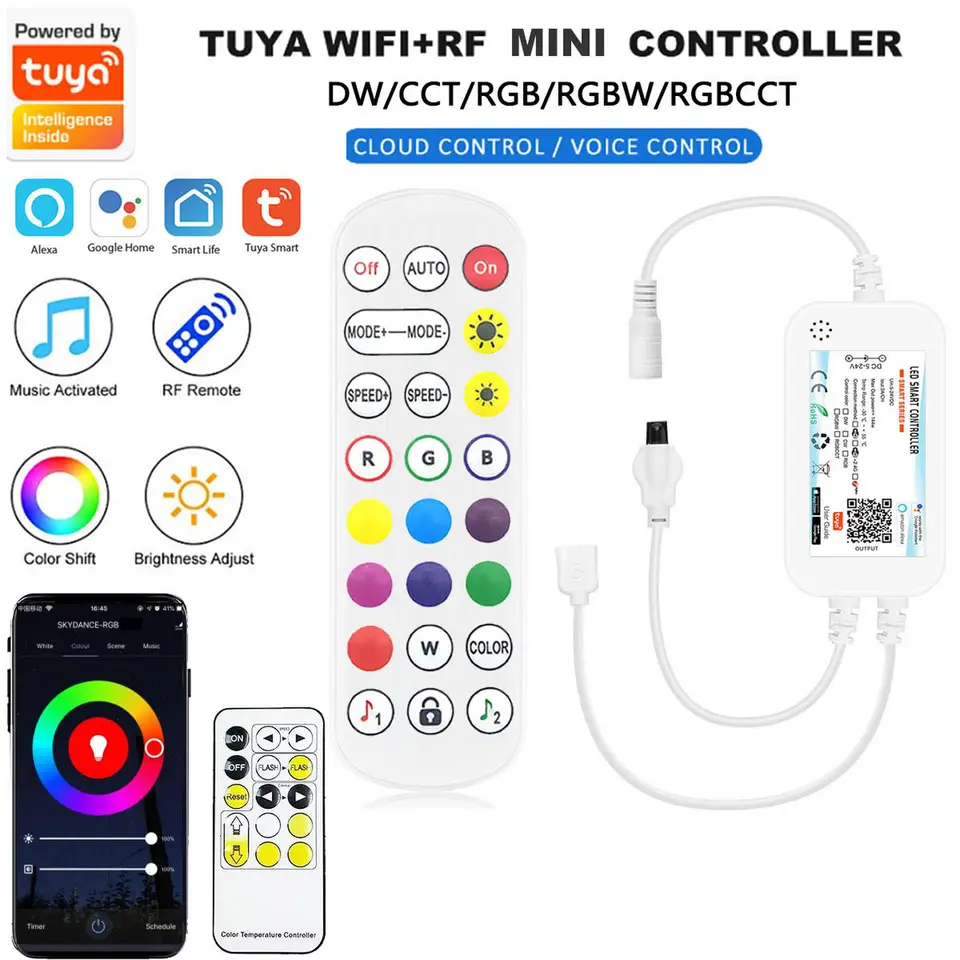 DC5-24V TUYA WIFI SMART LIFE CONTROL+IR diaľkové ovládacie prvky DW/CCT/RGB/RGBW/RGBCCT LED LEGGLE SLETICKÝ OVERER F ALEXA Google HOME