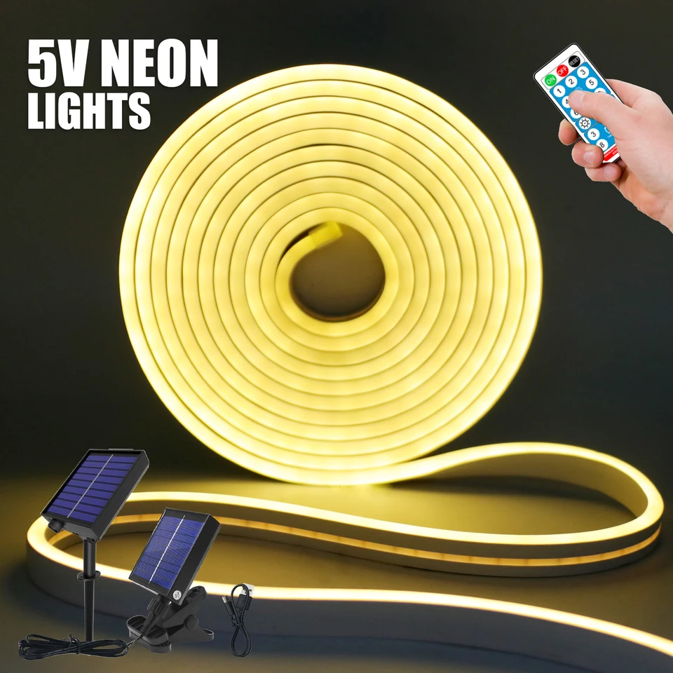 DC5V Solar Power LED prúžok Flexibilný LED Neónové svetlo stmievacie s diaľkovo ovládaním vodotesná vonkajšia LED páska neónová značka Domáca dekorácia