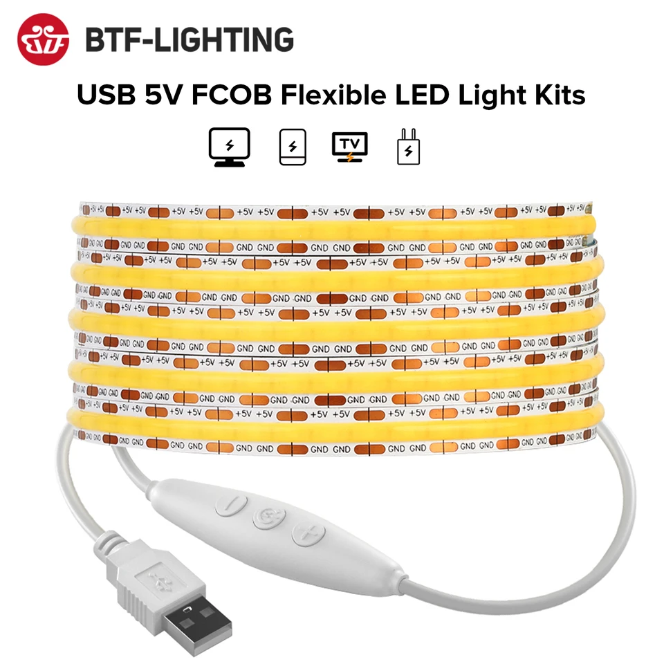 DC5V USB FCOB LED svetlo LEG SLEPE 8 mm PCB 320 LED diódy s vysokou hustotou FOB COB LED svetlá RA90 Flexibilné od 3000 K do 6000 K Lineárne stmievanie