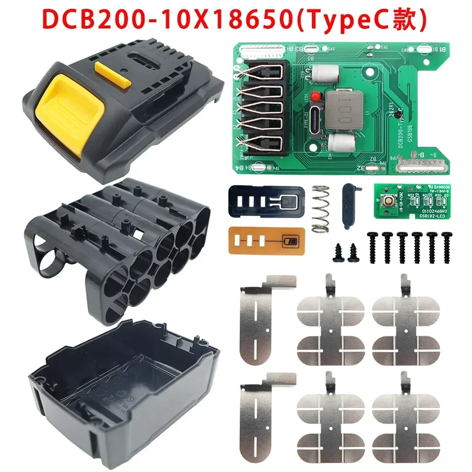 DCB200 Li-Ion Battery Plast Pase Pase Doska PCB Box pre Dewalt 18V 20V Litium Battery Cysing Shell Typec Port
