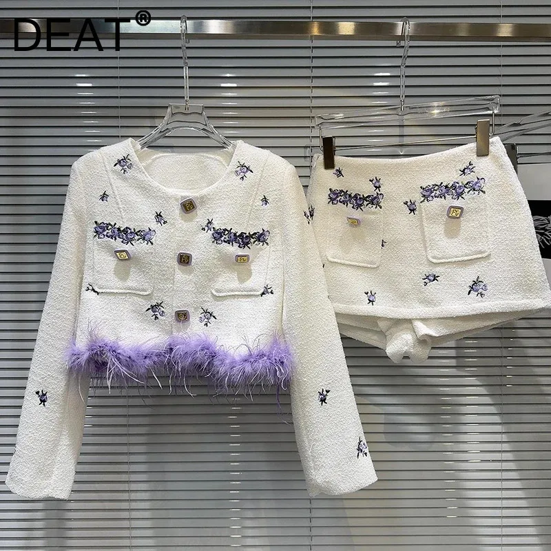 DEAT 2024 ZIMNÁ NOVÉ DENNÉ DENNÉ DO-KOLE Set Feather Edge Vyšívané krátke bundy Top krátke sukne sukňa módne trendy 11A01313