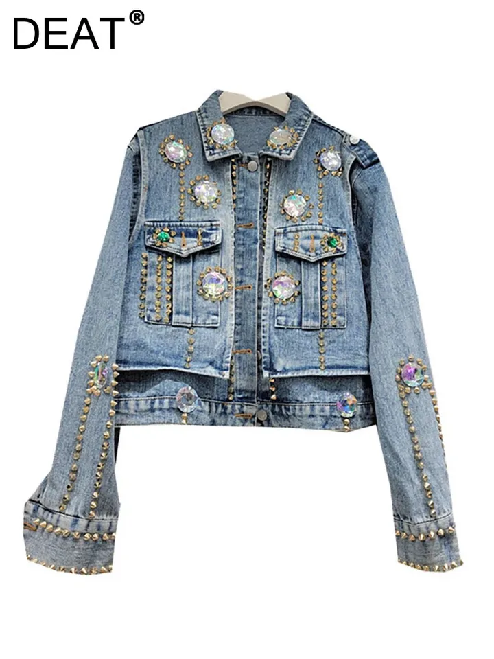 DEAT DENIM DENIM Dizajn s kabátmi zafarbené veľké krištáľové vyšívané svetlice NIVET Blue Jackets 2025 jar New Fashion 29L3794