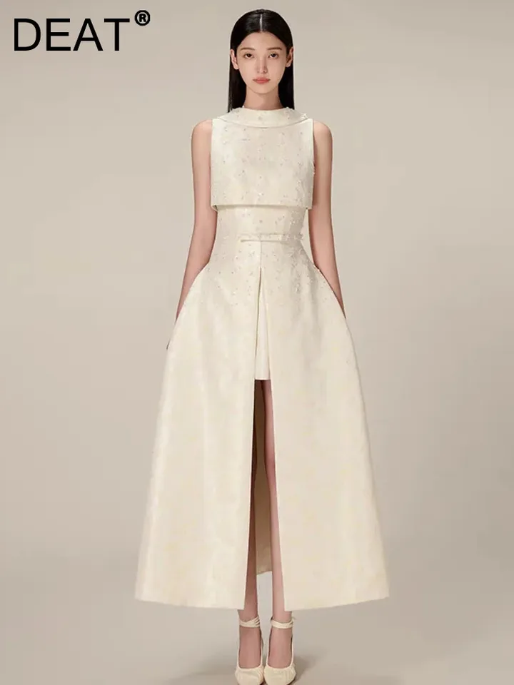 DEAT Dámske módne šaty napoly otvorené golierové flitre LACE-UP Split Backless Patchwork Elegantné šaty Summer 2024 Nový 13DB4582