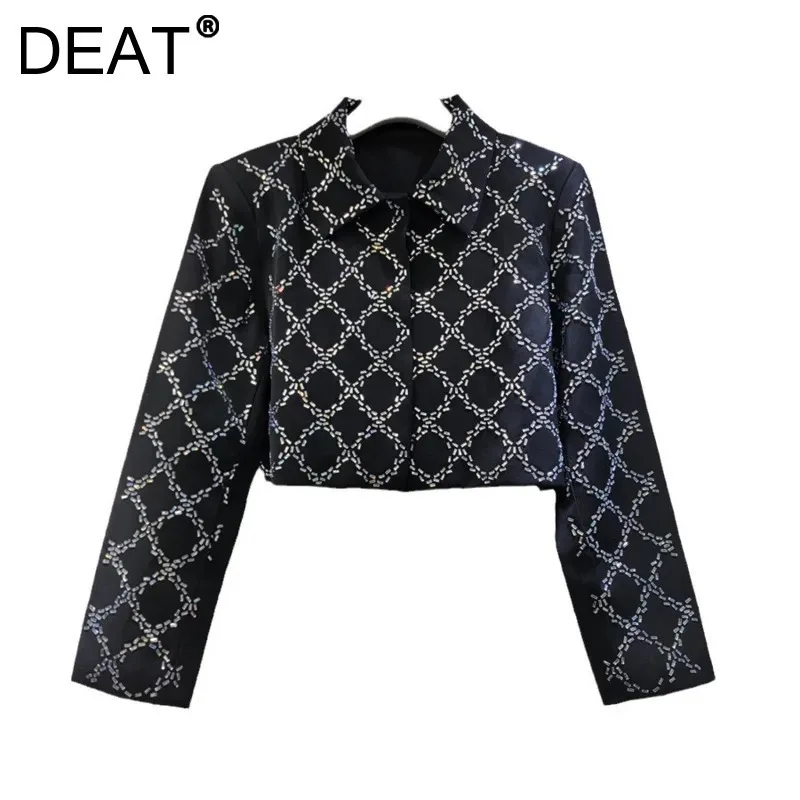 DEAT Dámsky kabát pokryté gombíky Crystal Plaid Diamonds Classic Design High Pase Short Jackets 2025 Nová módna jar 29L9694