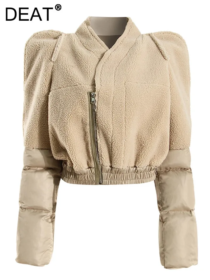 DEAT FASH MODE Dámska bavlna s kabátmi lietajúce rameno Patchwork zips vysoký pás Short Parkas Jackets Winter 2024 New 7AB2006