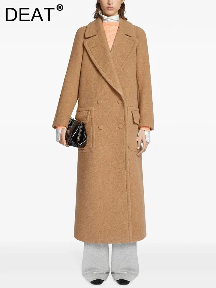 Deat Fashion Camel Woolen Coat Dámsky klopa voľná dvojitá dojnatá s dlhým rukávom Zadný pás Loop Out Caat Winter 2024 Nový 7AB6304