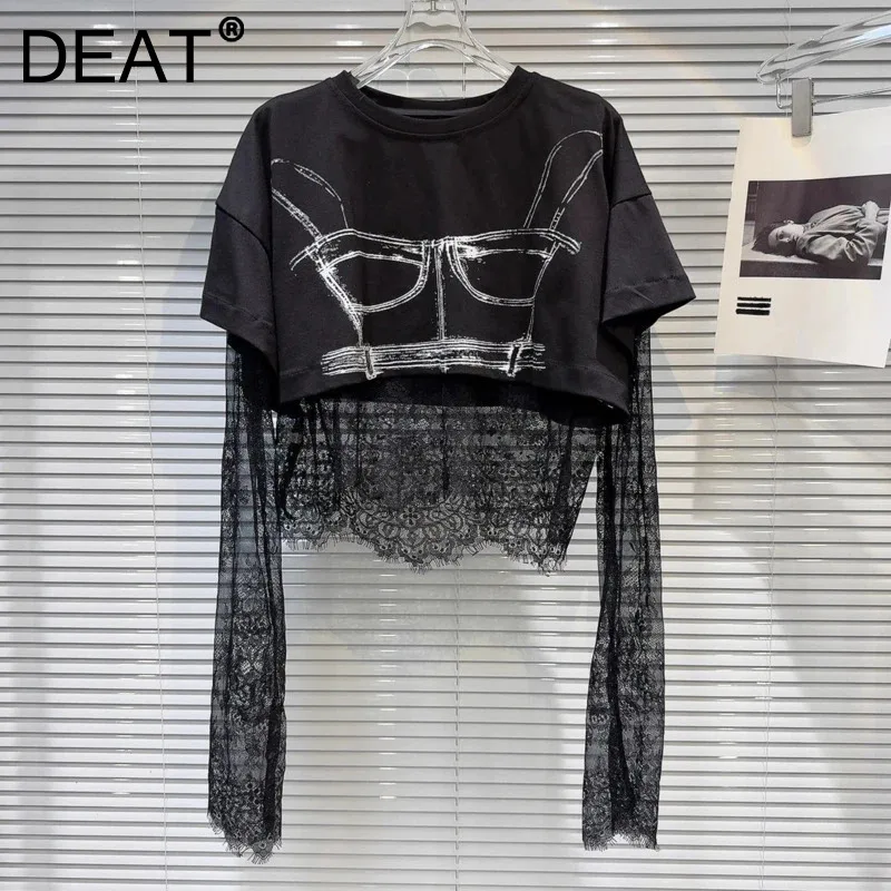 Deat Fashion Dámsky vzor Vytlačený s krátkym rukávom Wave Lace Tričko Tričky set 2024 Jesenné nové položky Príležitostné oblečenie 11xx9257