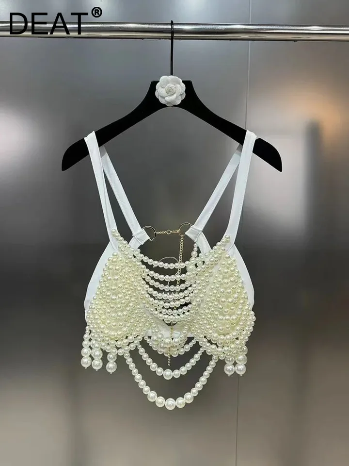DEAT Nové položky módne dámske perlové reťazové reťazce Patchwork Sling Vest 2025 Spring Trend Trendy bez rukávov bez rukávov Žena 11xx8919