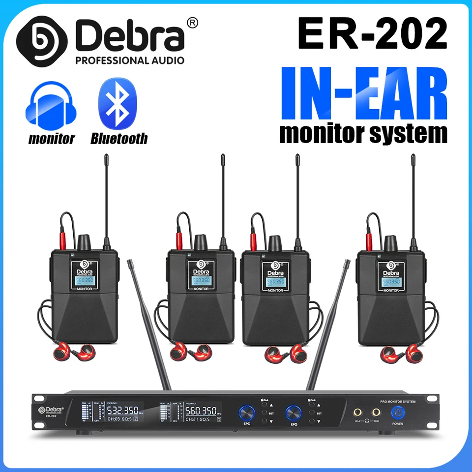 Debra ER-202 Profesionálny stereofosea bezdrôtový systém monitorov do uší, UHF s Bluetooth 5.0 pre pódium, koncerty, nahrávacie štúdiá