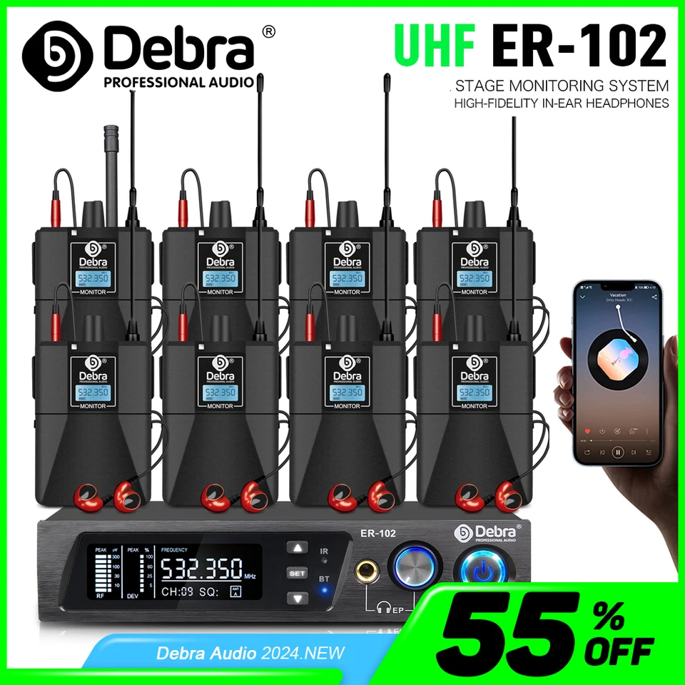 DEBRA ER102 Wireless IEM UHF v systéme Ear Monitor Singal Channel s viacerými vysielačmi pre malé koncerty a domáce kino.