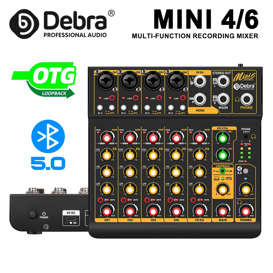 DEBRA MINI 6 6-kanálový zvukový mixér DJ Console s Bluetooth 5.0 OTG Reverb 48V Zvuková karta pre nahrávanie PC, Webcasting