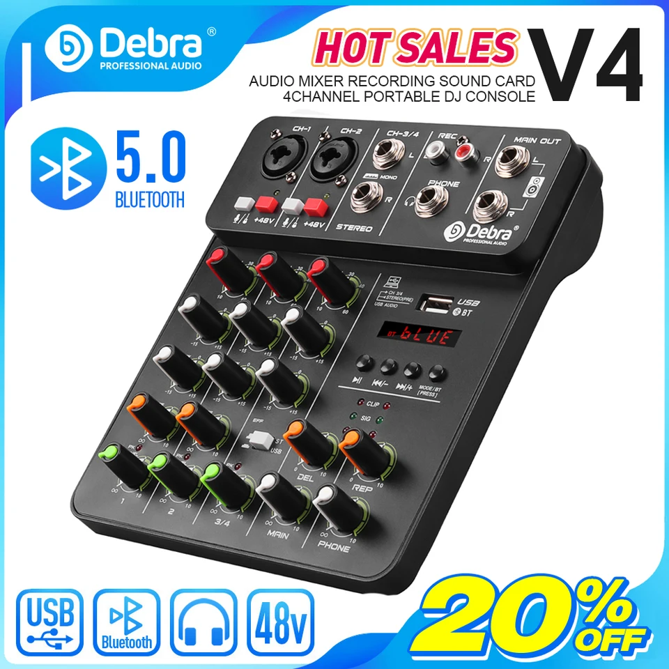 DEBRA V4 Audio Mixer 4 Channel s Bluetooth USB 48V Phantom Power Less oneskorenia Repaat Effect Effect pre nahrávanie konzoly pre miešanie zvuku
