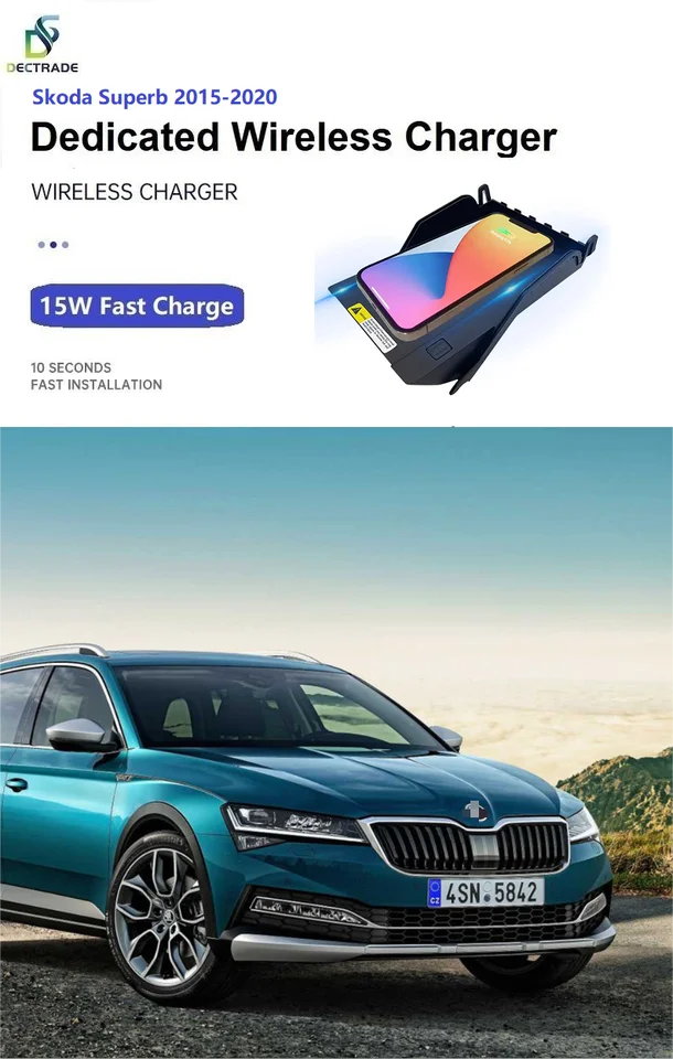 DECTRADE 15 W QI Wireless Charger Center Console Telefón Rýchle nabíjanie Padný držiak pre dosku pre SKoda Superb 2015-2020 Príslušenstvo