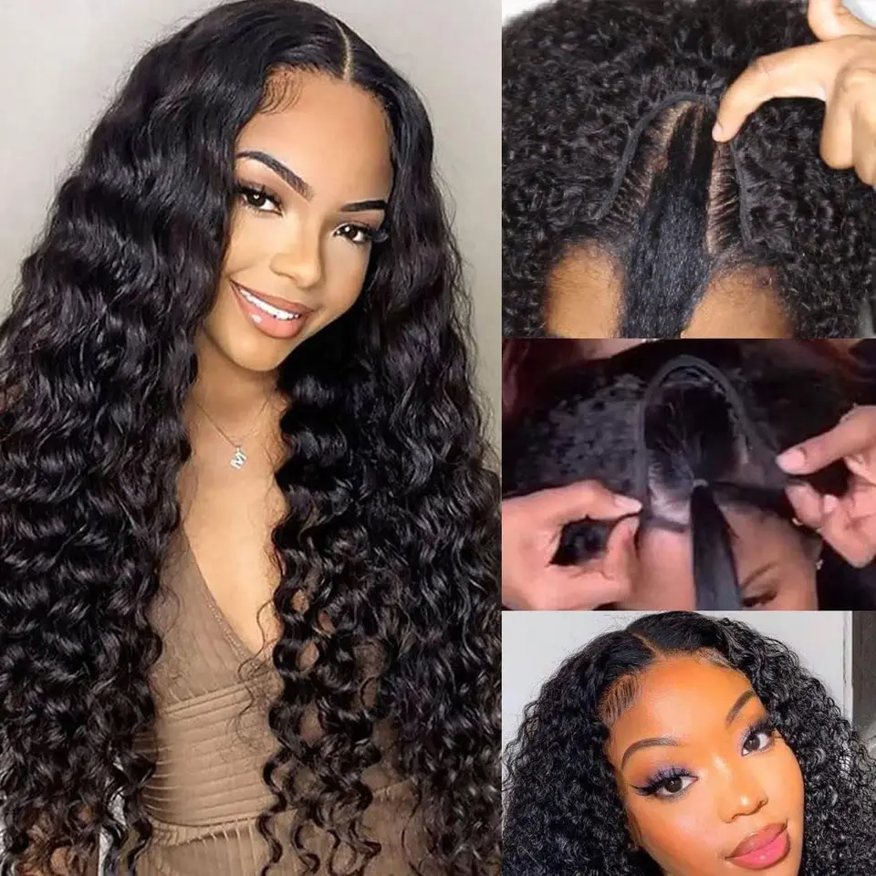 Deep Curly V Časť parochňa ľudské vlasy lacné vodná vlna v Časť parochňu ľudské vlasy 180% hustota lacný plný stroj vyrobený parochňou pre ženy