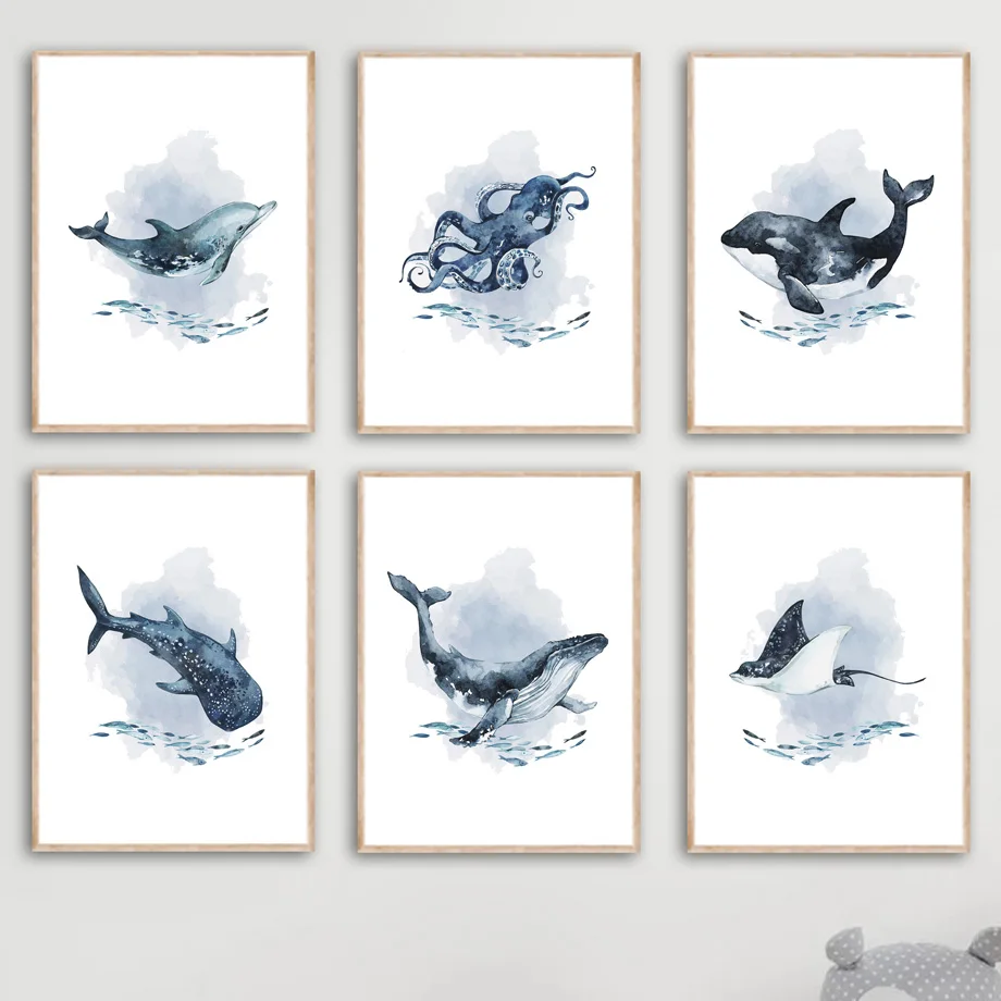 Deep Sea School of Fish Whale Shark Dolphin Chobotnat