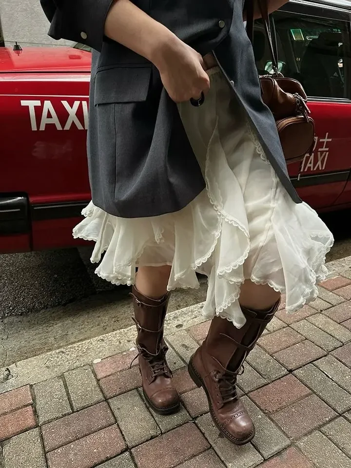 Deeptown Fairycore Lace Tulle Sukňa Ženy Sladké elegantné kórejské štrbiny sukne Vintage Streetwear nepravidelné vrstvené sukne