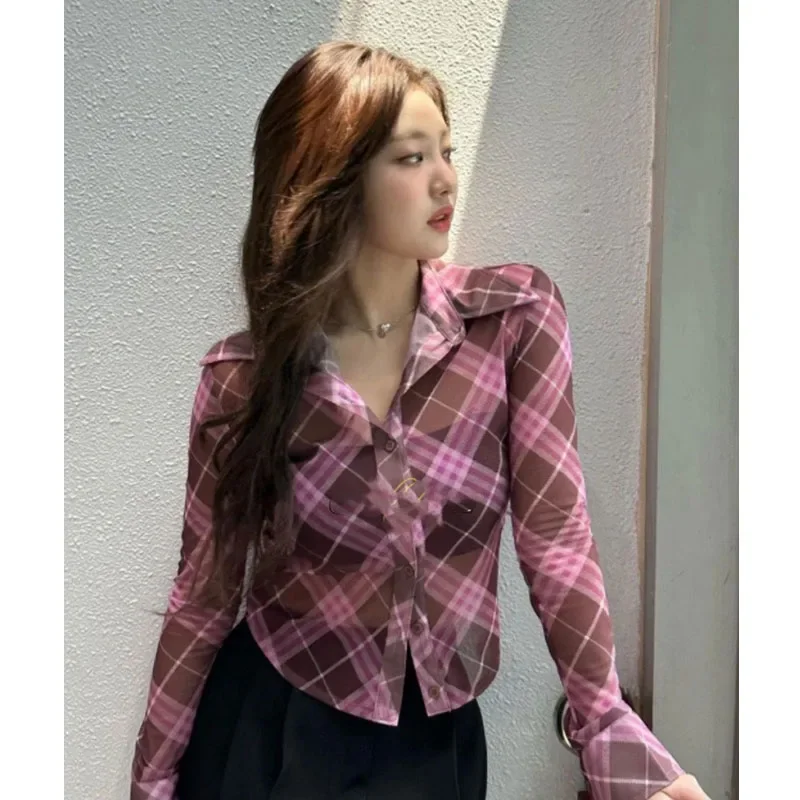 Deeptown Harajuku Plaid šifónov blúzky Ženy Y2K Sexy kórejský štýl s dlhým rukávom pletivé košele