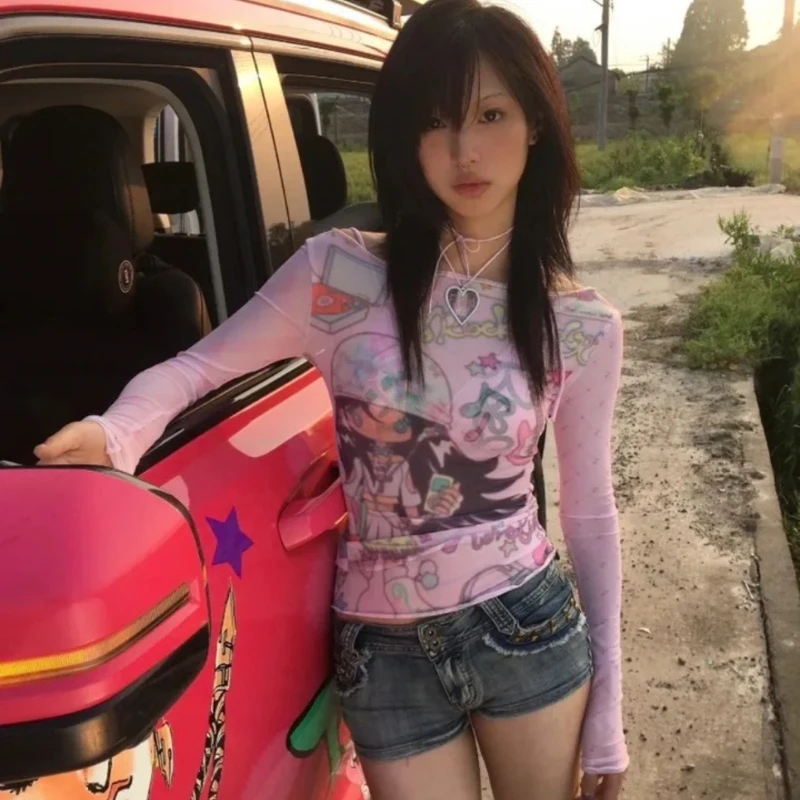 Deeptown Japanese Harajuku y2k sieťové tričká Ženy Kawaii Pink Anime Pozrite sa cez top cutecore Streetwear Vintage Estetics Tees
