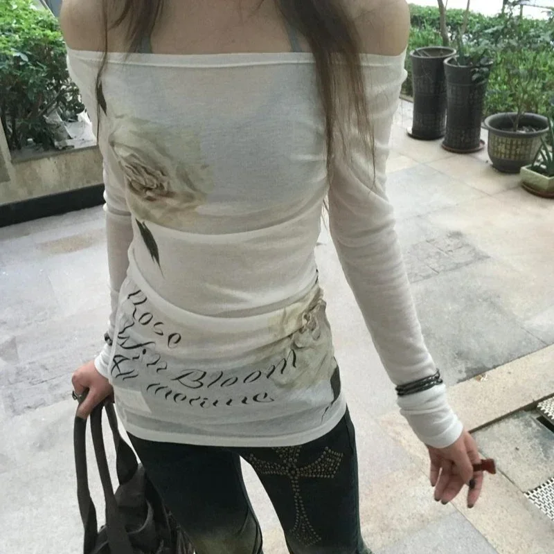 Deeptown japonská sexy y2k mimo ramien Tops harajuku vintage v štýle 2000-tych tričku kvetinová kvetina Tlač Street s dlhým rukávom Slim Up