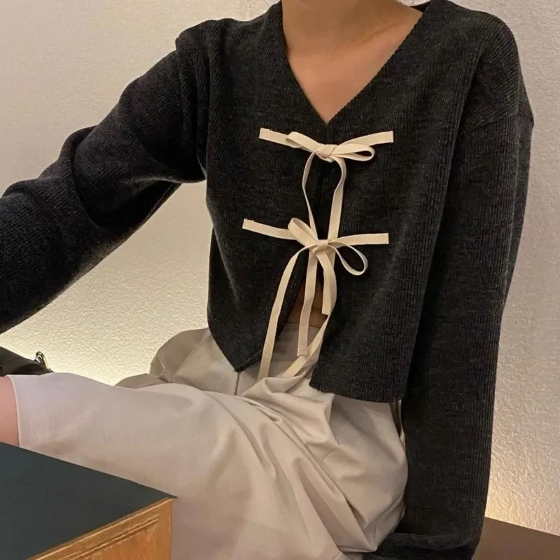 Deeptown Lace Up Coquette Bow Cardigan y2k plodina pletiek vintage kórejská móda dámsky sveter jarný pleť