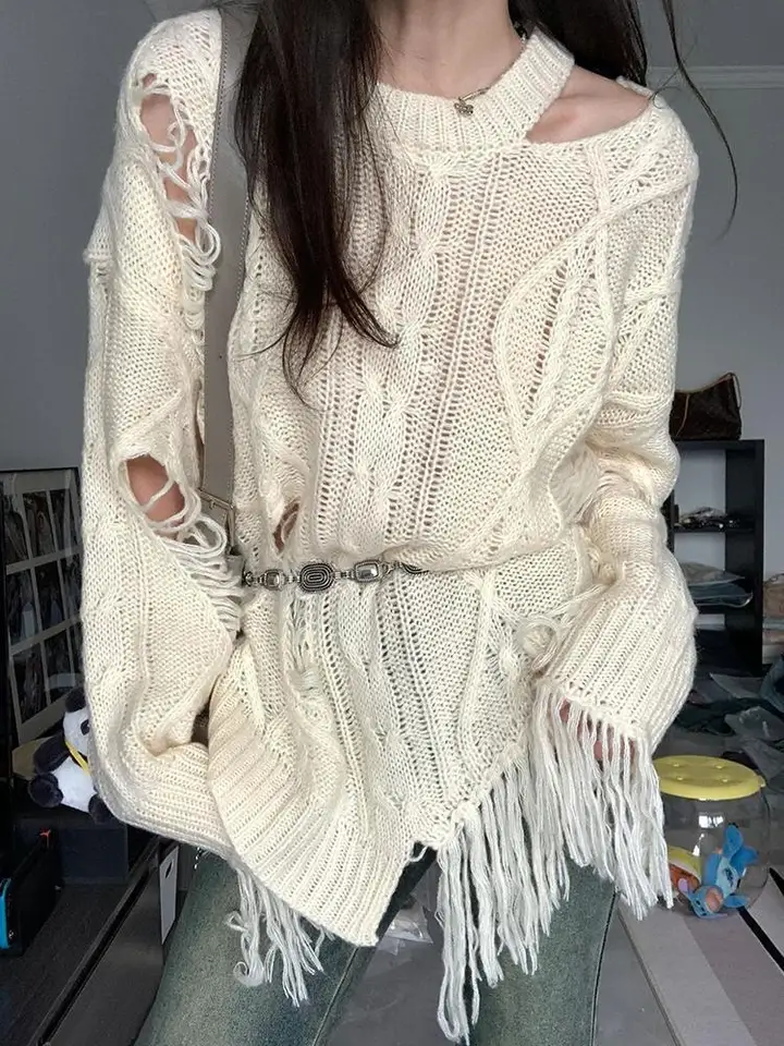 Deeptown vintage dutiny béžové svetre Ženy boho štýl estetické strapce pletené pullovy grunge nepravidelný jumper punk punk