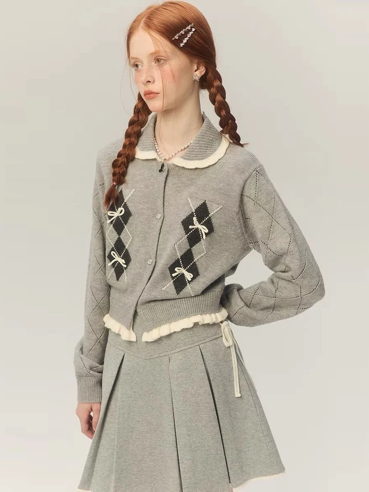 Deeptown Vintage Sweet Cropped Mardigan Ženy Coquette Estetické luk, pletený sveter Mujer Kawaii Kórejský módny módny top s dlhým rukávom