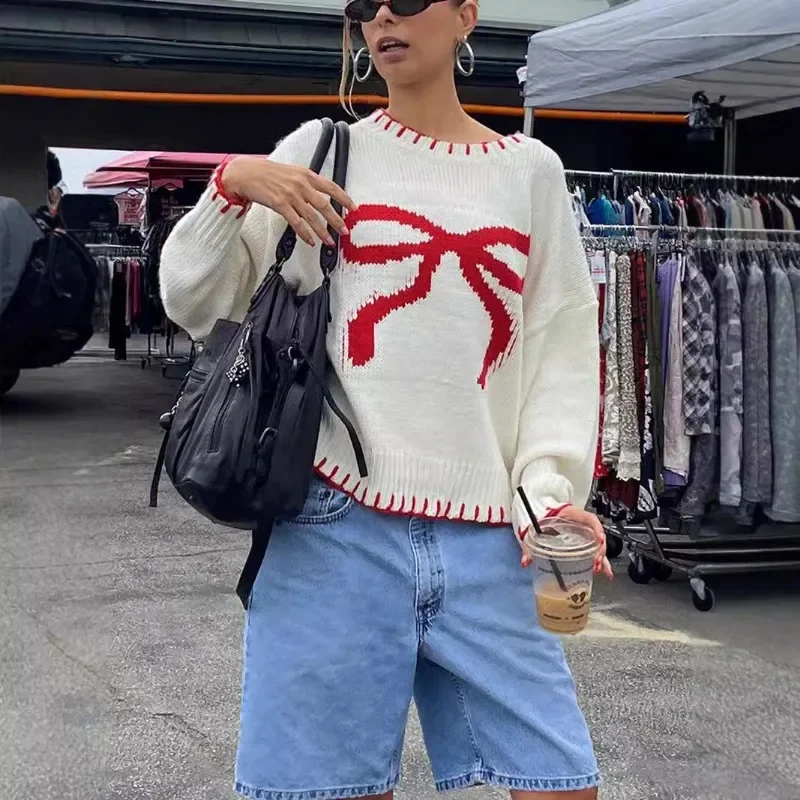 Deeptown White Vintage Women Sweater Y2K Bow výšivka Kórejský módny kontrast farebne pletené pulóvety voľné teplé jeseň ležérne príležitostné