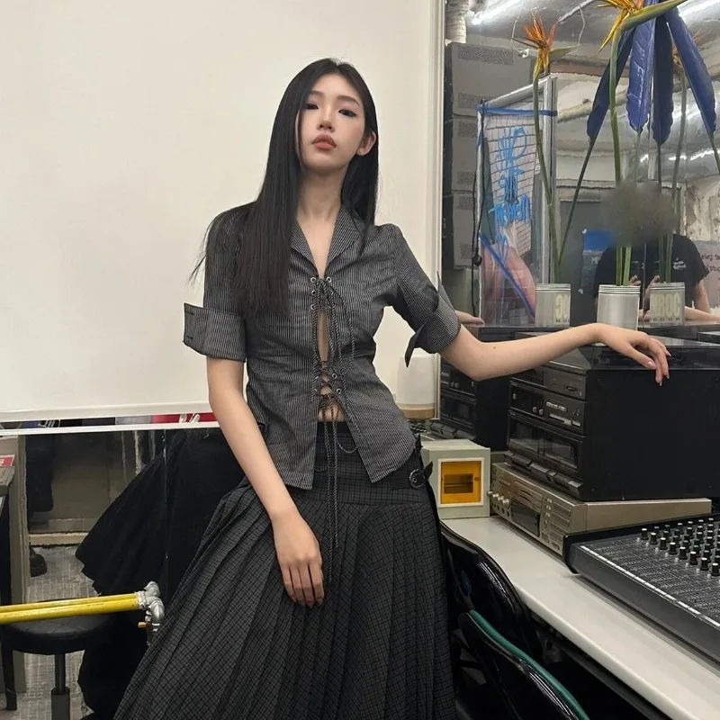Deeptown y2k pruhované šnurovanie kokety dámske košele vintage harajuku orezané kórejské módy polovičné rukávy blúzky štíhle gyaru sexy