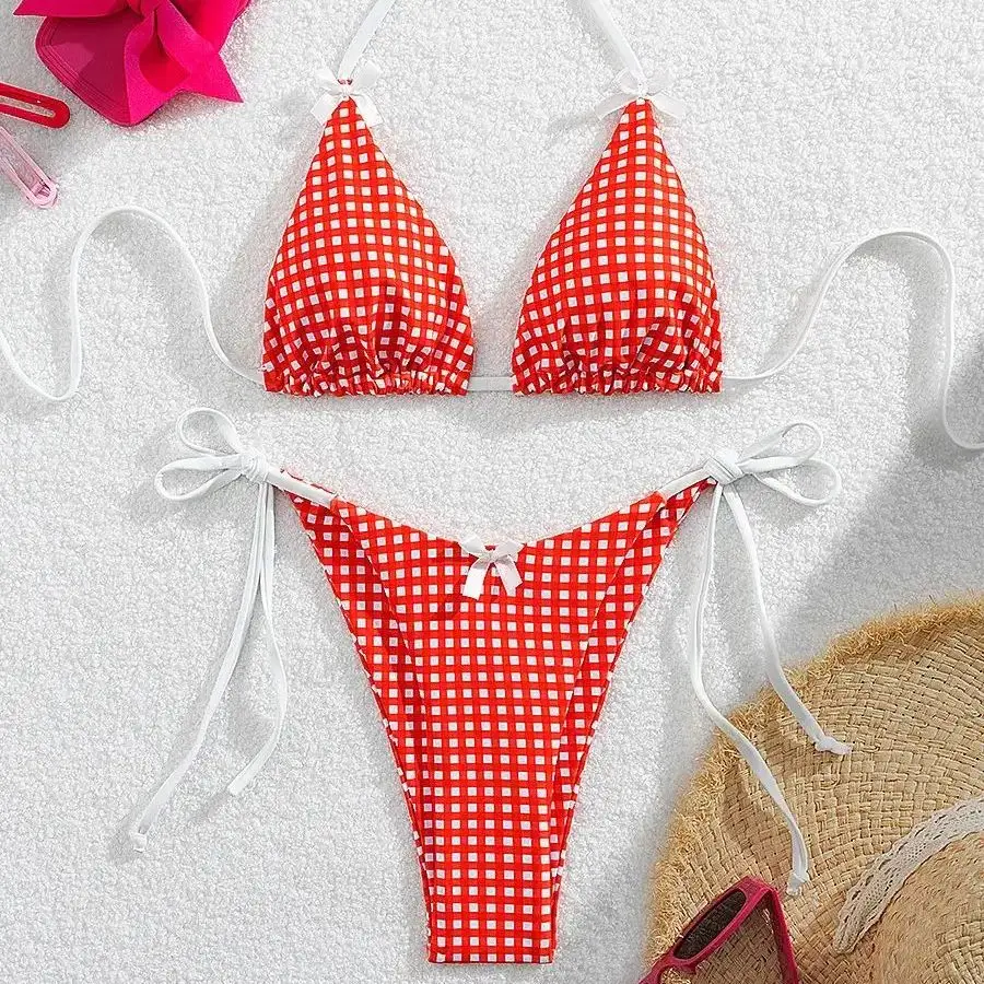 Deka Ženy brazílske červené kockované bikiny súpravy vystrihnuté plavky Print plavky s vysokým pásom trojuholníkom Micro -Piece Suit Biuqini Beach