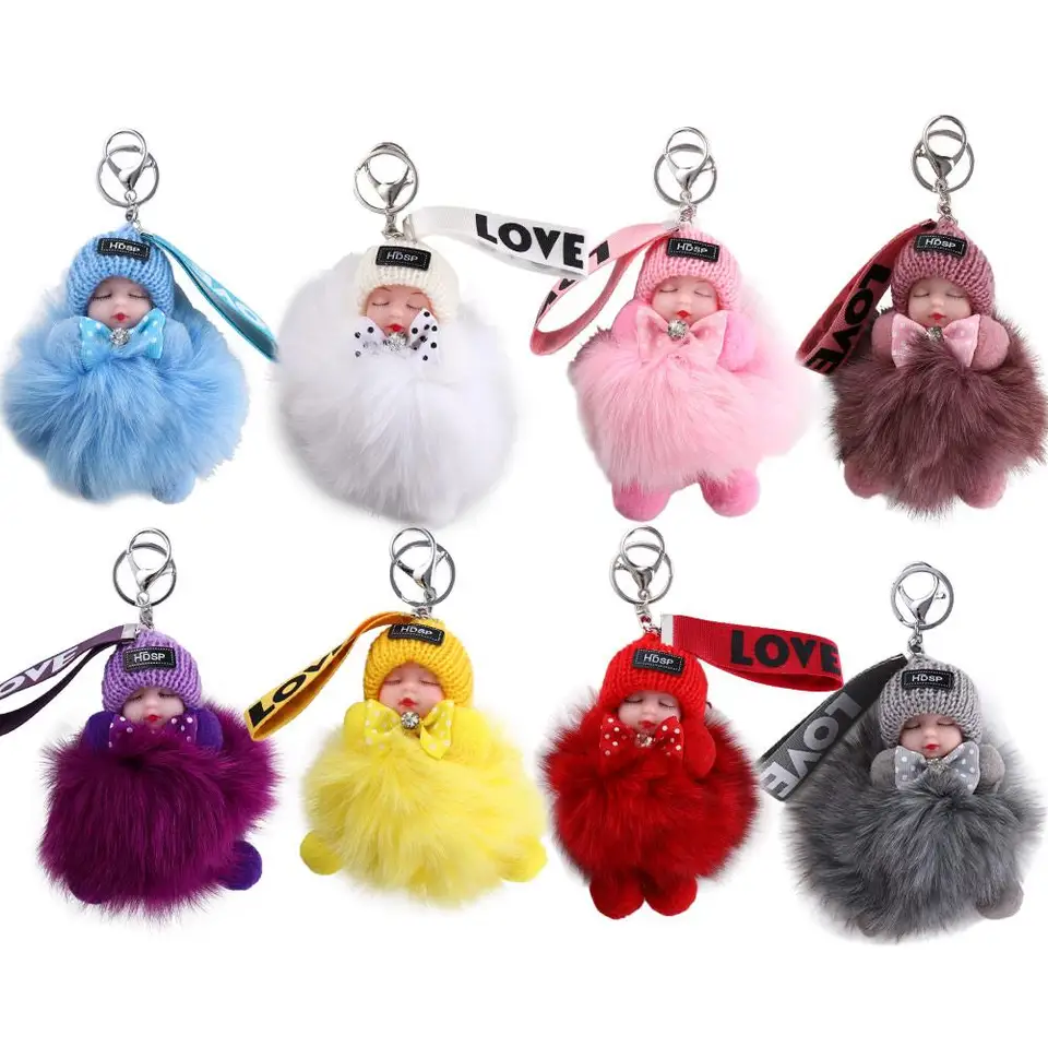 Dekoratívne autá Key Ring Bag Pendant šperky darček pre dievčatá Pompom kľúče kľúča Fluffy plyšová bábika spanie detská bábika plyšový keychain