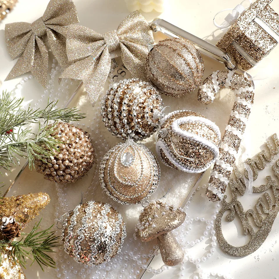 Dekorácia vianočného stromu šampanský strieborný trblietavý hviezda Snowflake DIY vianočné závesné prívesky Nový rok dekorácie párty Navidad Party
